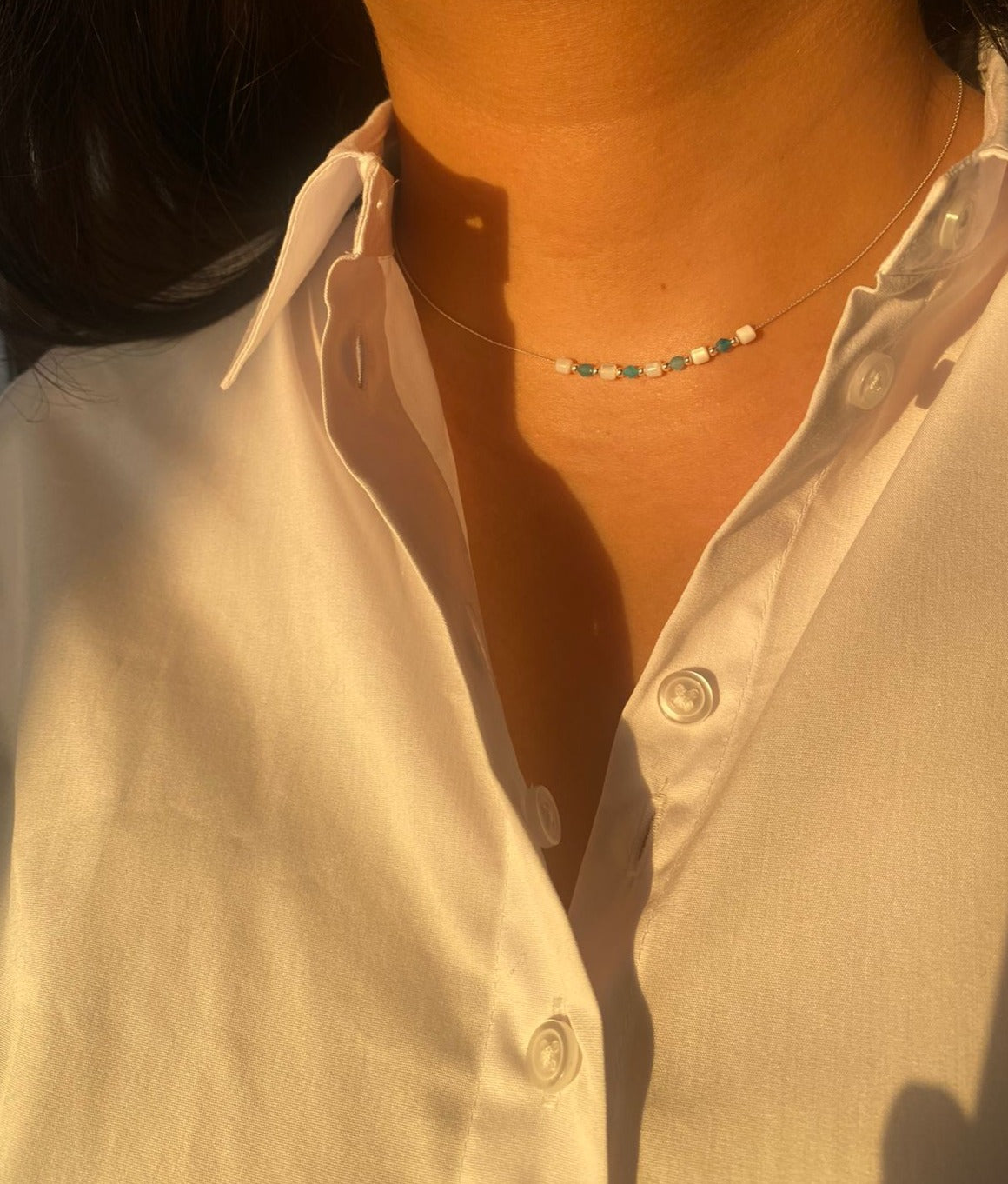 Mother of Pearl and Amazonite Necklace in 925 Sterling Silver
