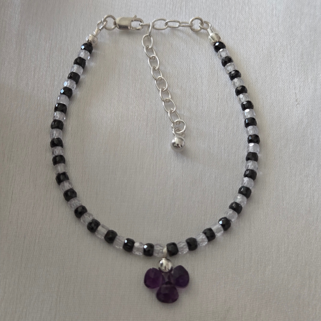 Black and White Zircon NAZARIYA with Three Leaf clover Amethyst Charm Bracelet in 925 Sterling Silver