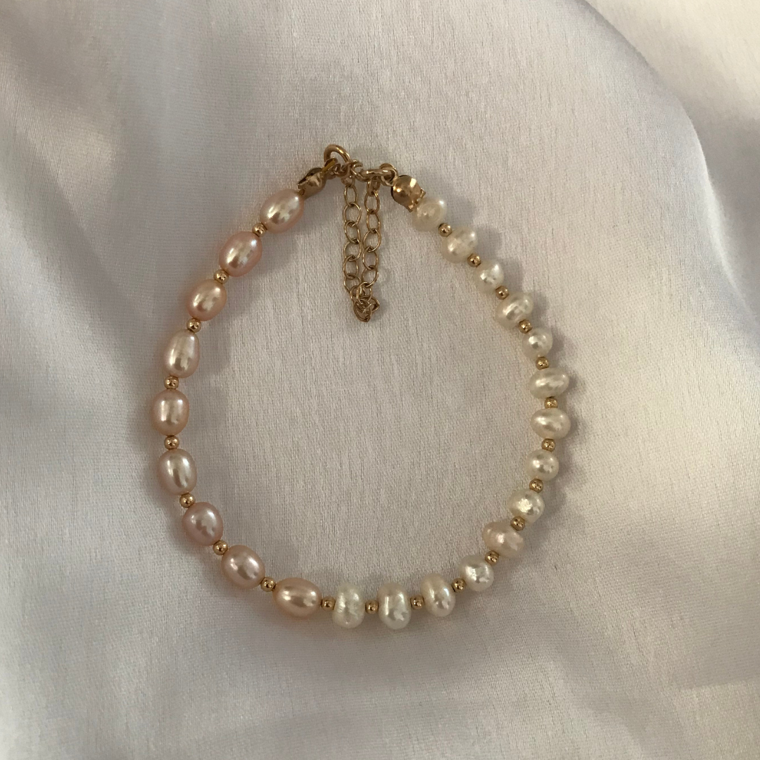 Pink and White Freshwater Pearl Bracelet in 14k Gold Filled Setting