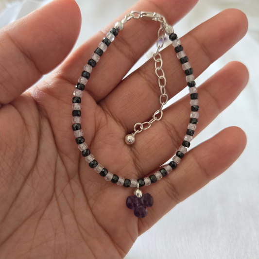 Black and White Zircon NAZARIYA with Three Leaf clover Amethyst Charm Bracelet in 925 Sterling Silver