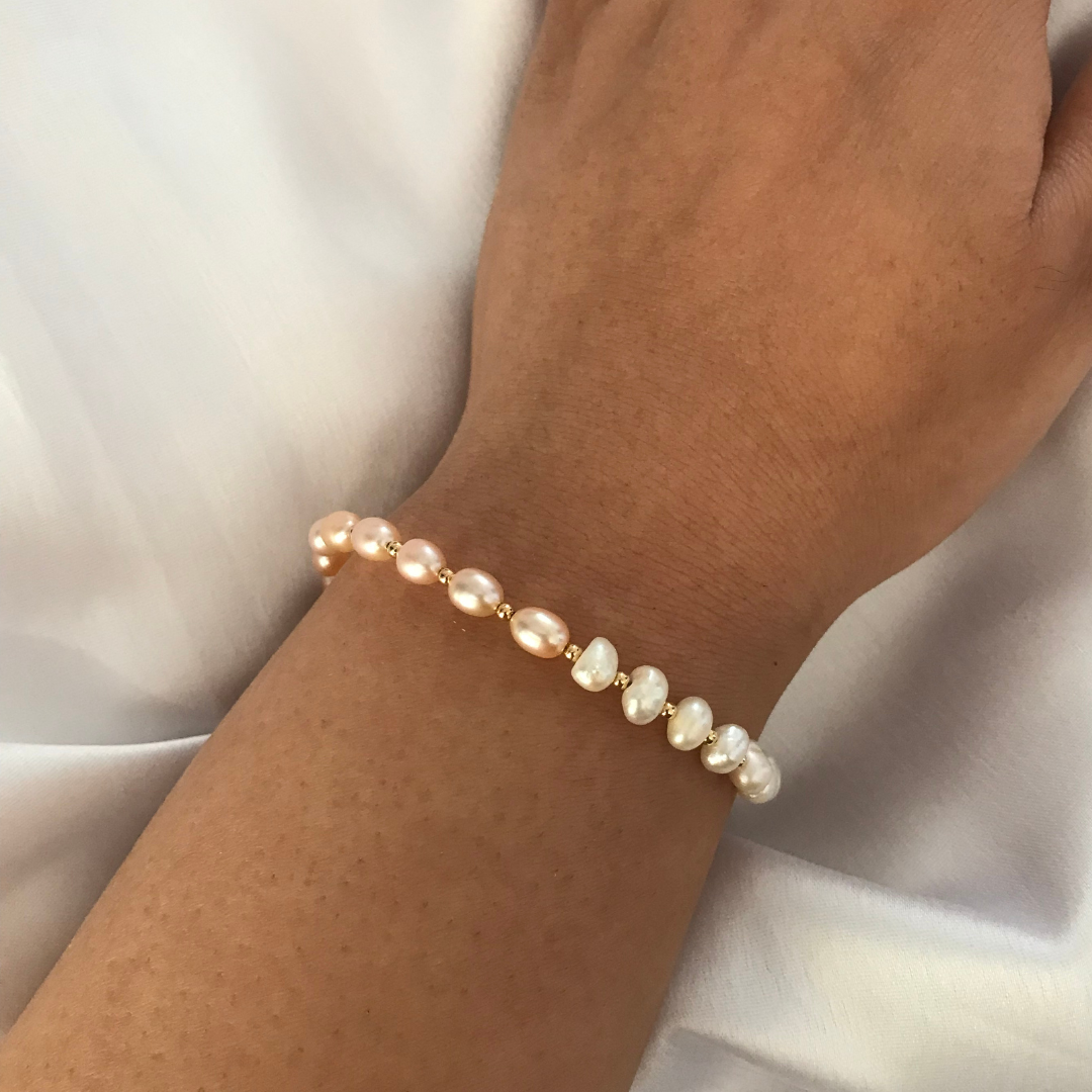 Pink and White Freshwater Pearl Bracelet in 14k Gold Filled Setting