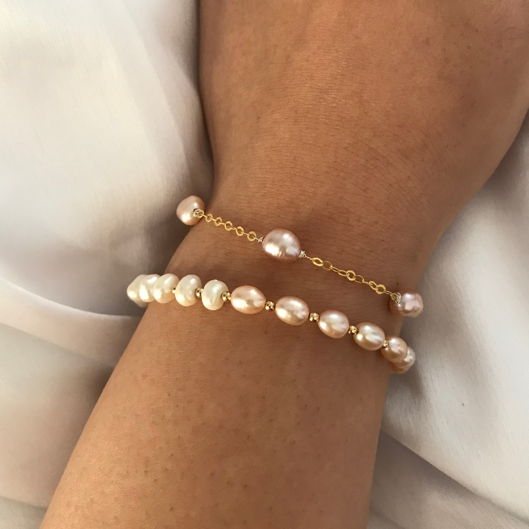 Pink and White Freshwater Pearl Bracelet in 14k Gold Filled Setting