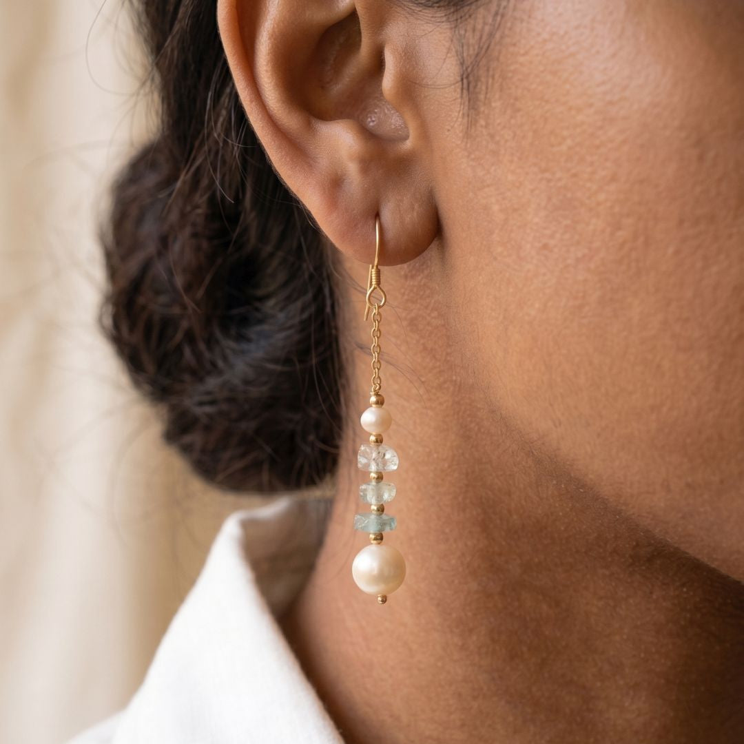 14k Gold Filled Pearl Aquamarine Moonstone Dangler Earrings