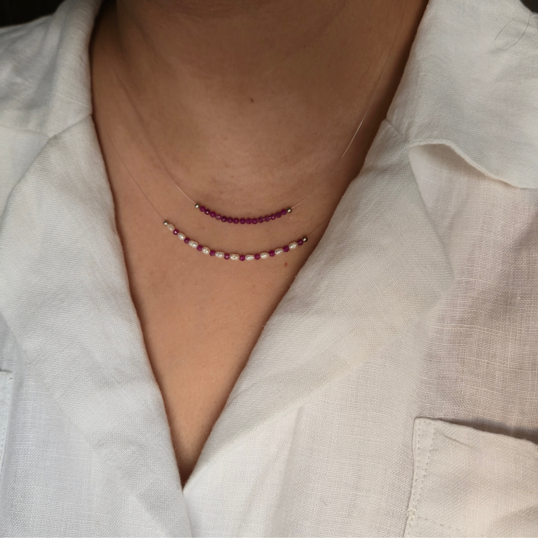 Natural Ruby and Rice Pearl Double Layered Floating Necklace in 925 Sterling Silver.