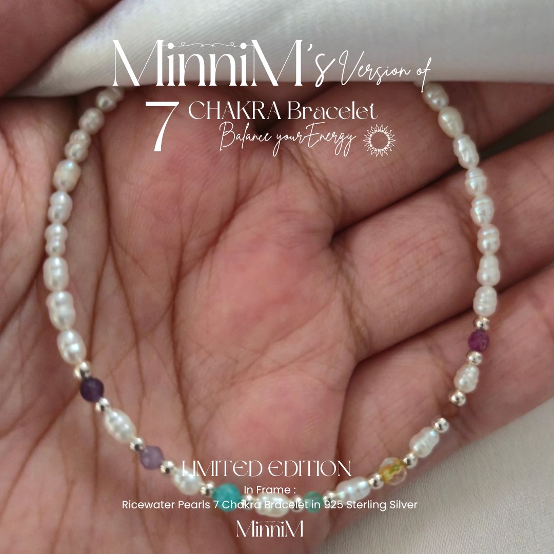 Rice Pearls Seven Chakra Bracelet in 925 Sterling Silver