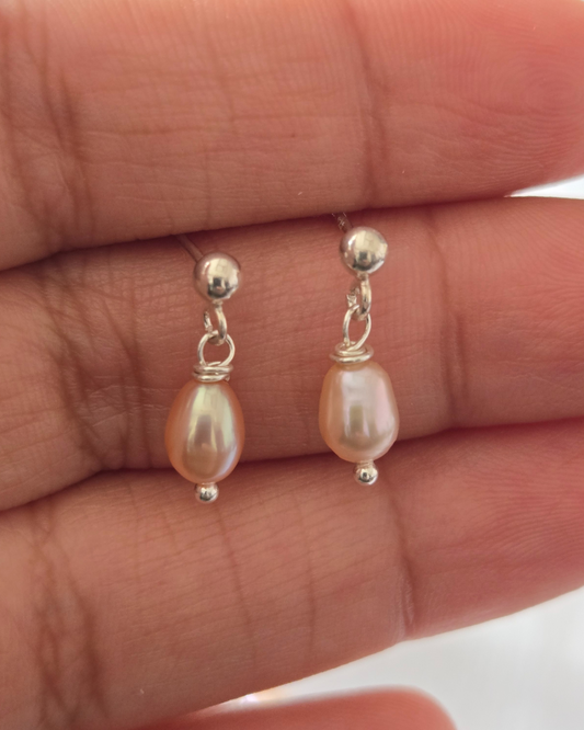 Pink Freshwater Pearl Pin Ball Earrings in 925 Sterling Silver