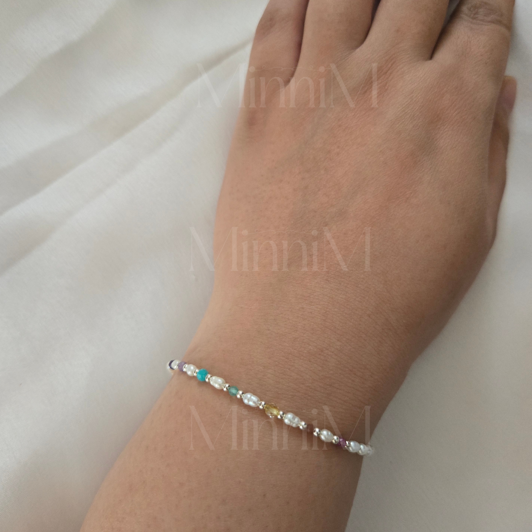 Rice Pearls Seven Chakra Bracelet in 925 Sterling Silver