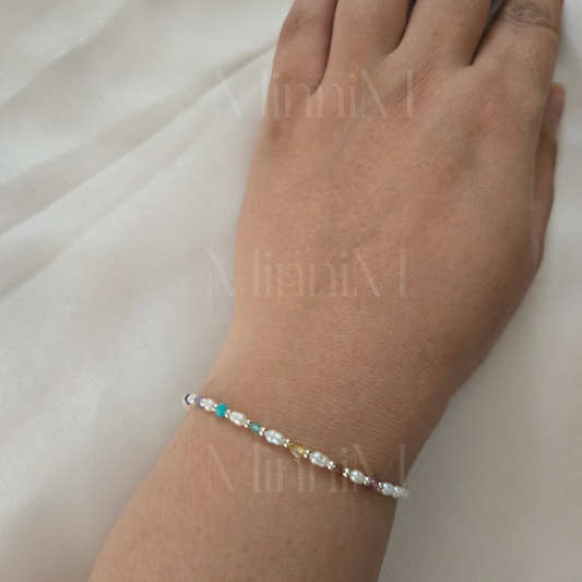 Rice Pearls Seven Chakra Bracelet in 925 Sterling Silver.