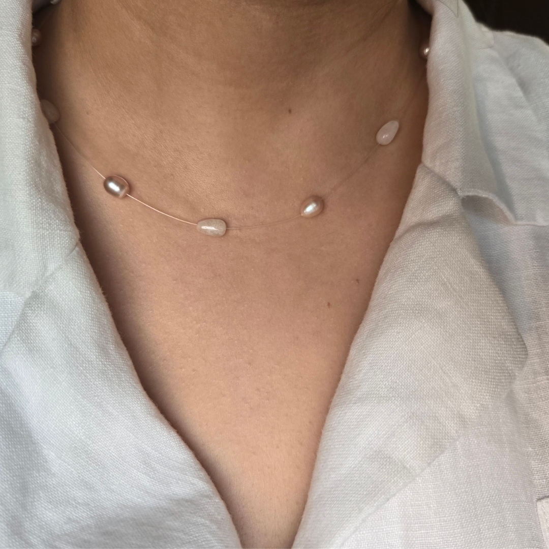 Floating Pearl and Rose Quartz Necklace in 925 Sterling Silver.