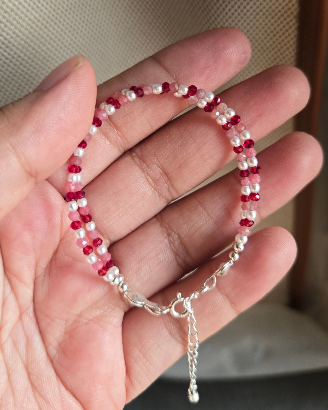 Double-Layered Maroon & Rose Quartz SAKURA Bracelet with Japanese Pearls in 925 Sterling Silver