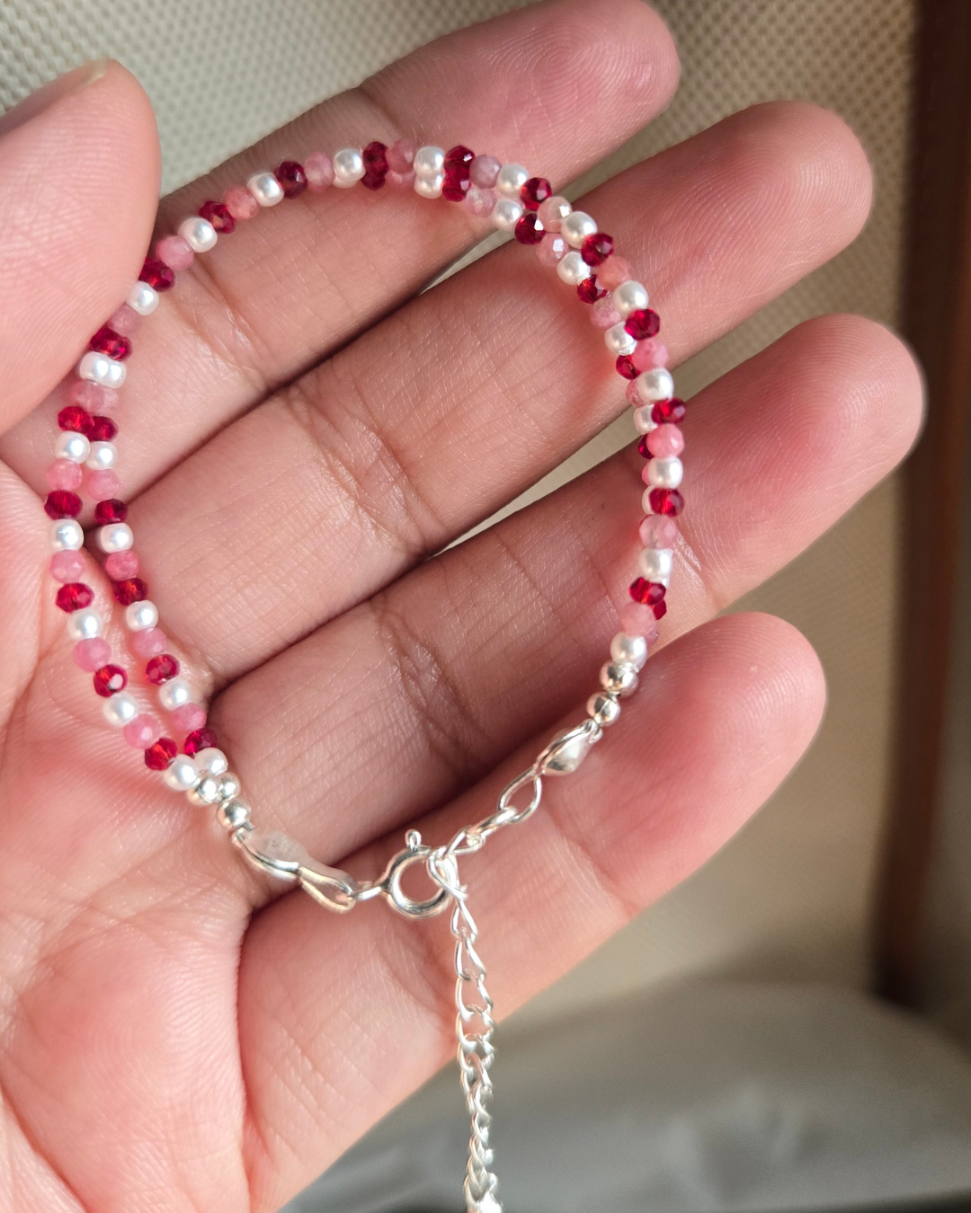 Double-Layered Maroon & Rose Quartz SAKURA Bracelet with Japanese Pearls in 925 Sterling Silver