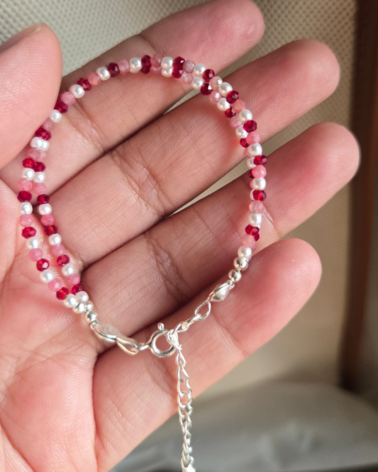 Double-Layered Maroon & Rose Quartz SAKURA Bracelet with Japanese Pearls in 925 Sterling Silver