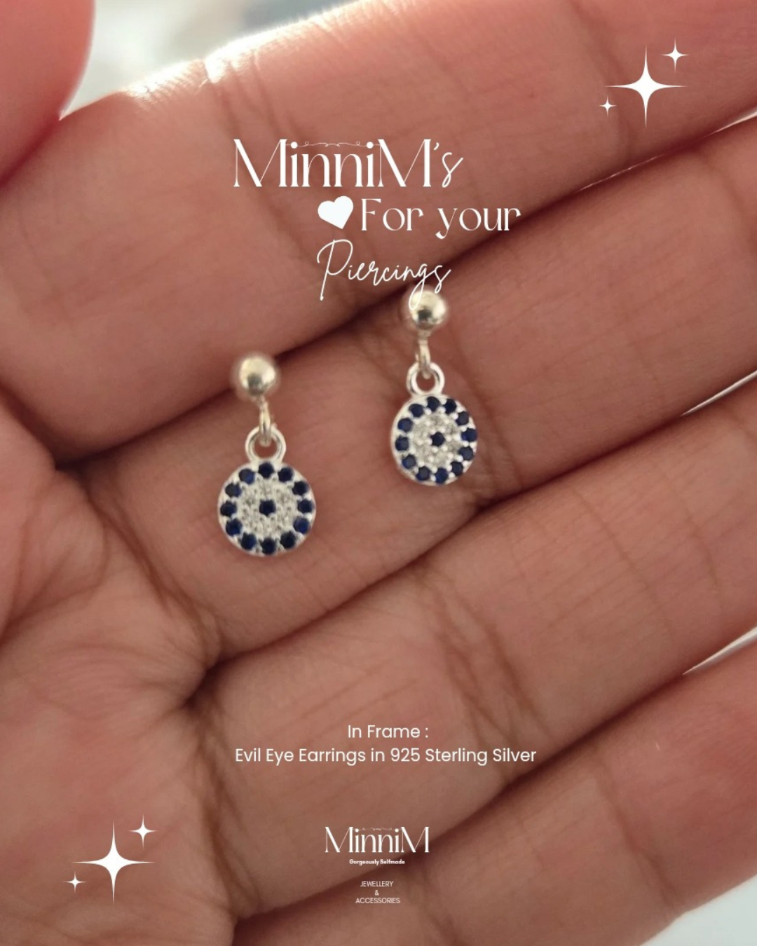 Evil Eye Pin Ball Earrings in 925 Sterling Silver.