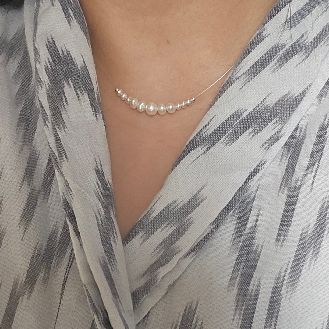 Freshwater Pearl and 925 Sterling Silver FLOATING Necklace
