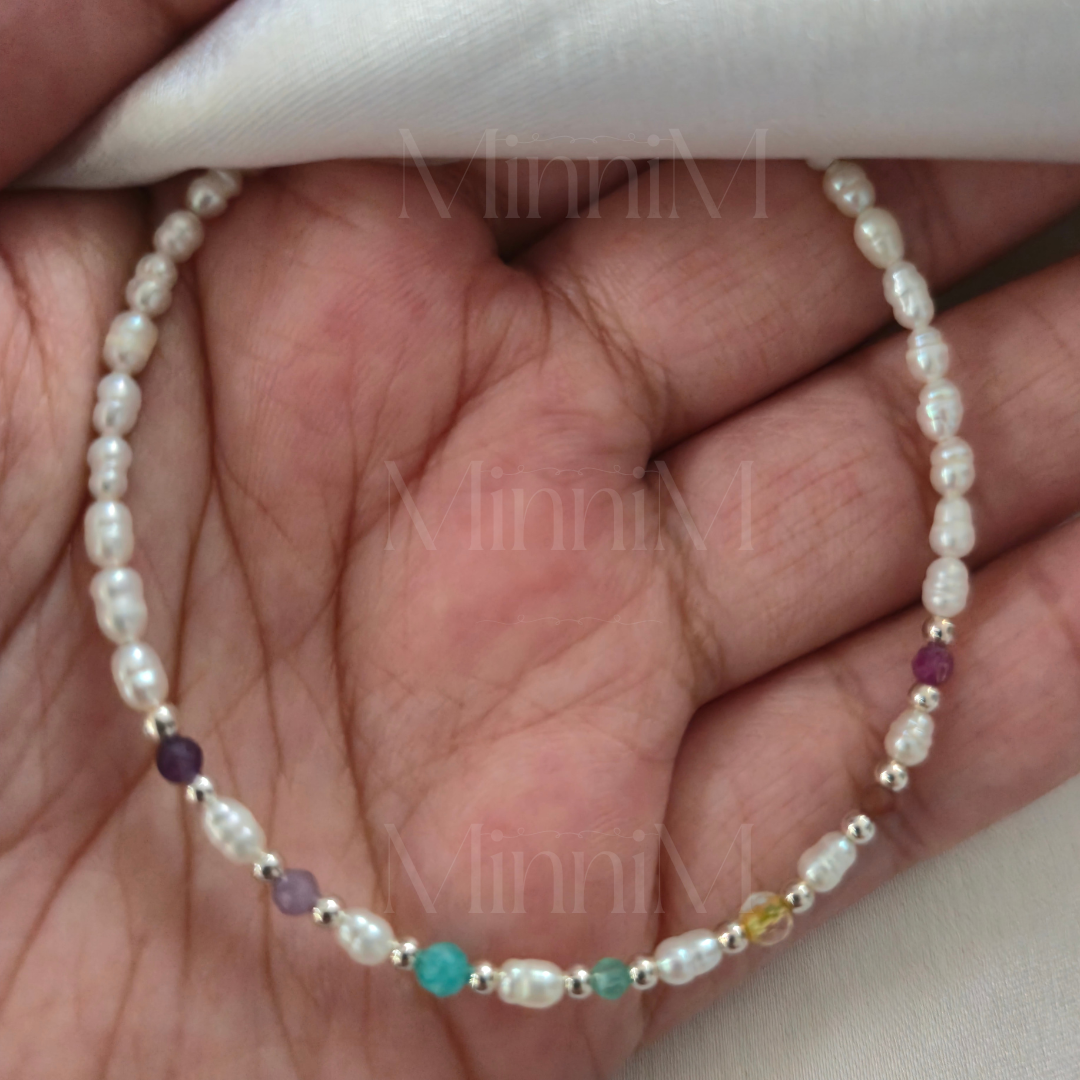 Rice Pearls Seven Chakra Bracelet in 925 Sterling Silver