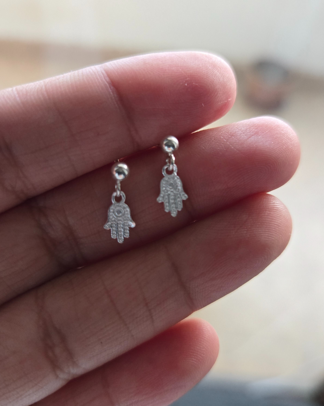 Hamsa Pin Ball Earrings in 925 Sterling Silver.