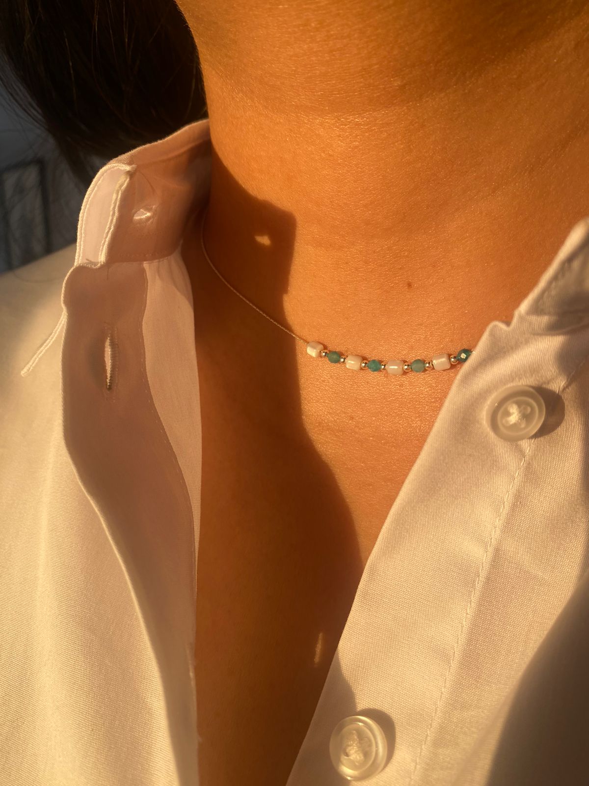 Mother of Pearl and Amazonite Necklace in 925 Sterling Silver
