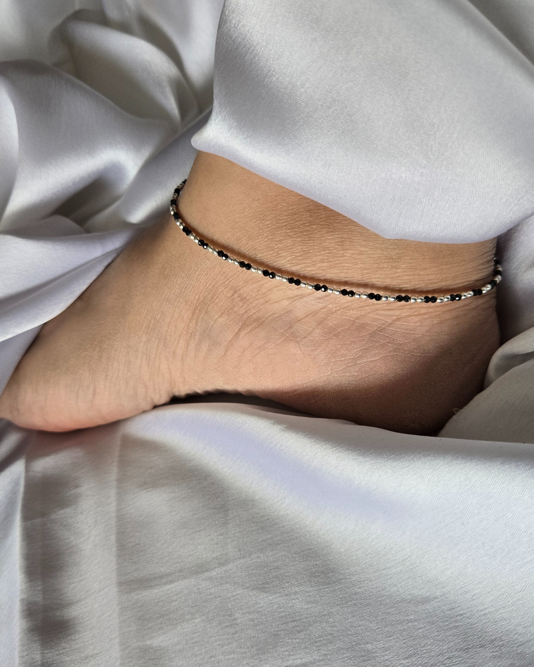 Sterling Silver and Black Spinel NAZARIYA Anklet 02 in 925 Sterling Silver