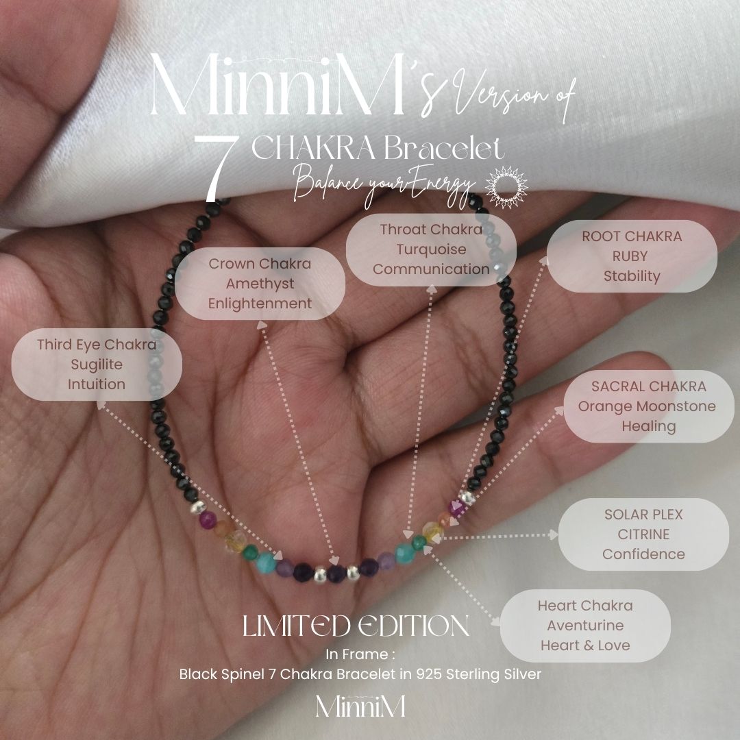 Rice Pearls Seven Chakra Bracelet in 925 Sterling Silver.