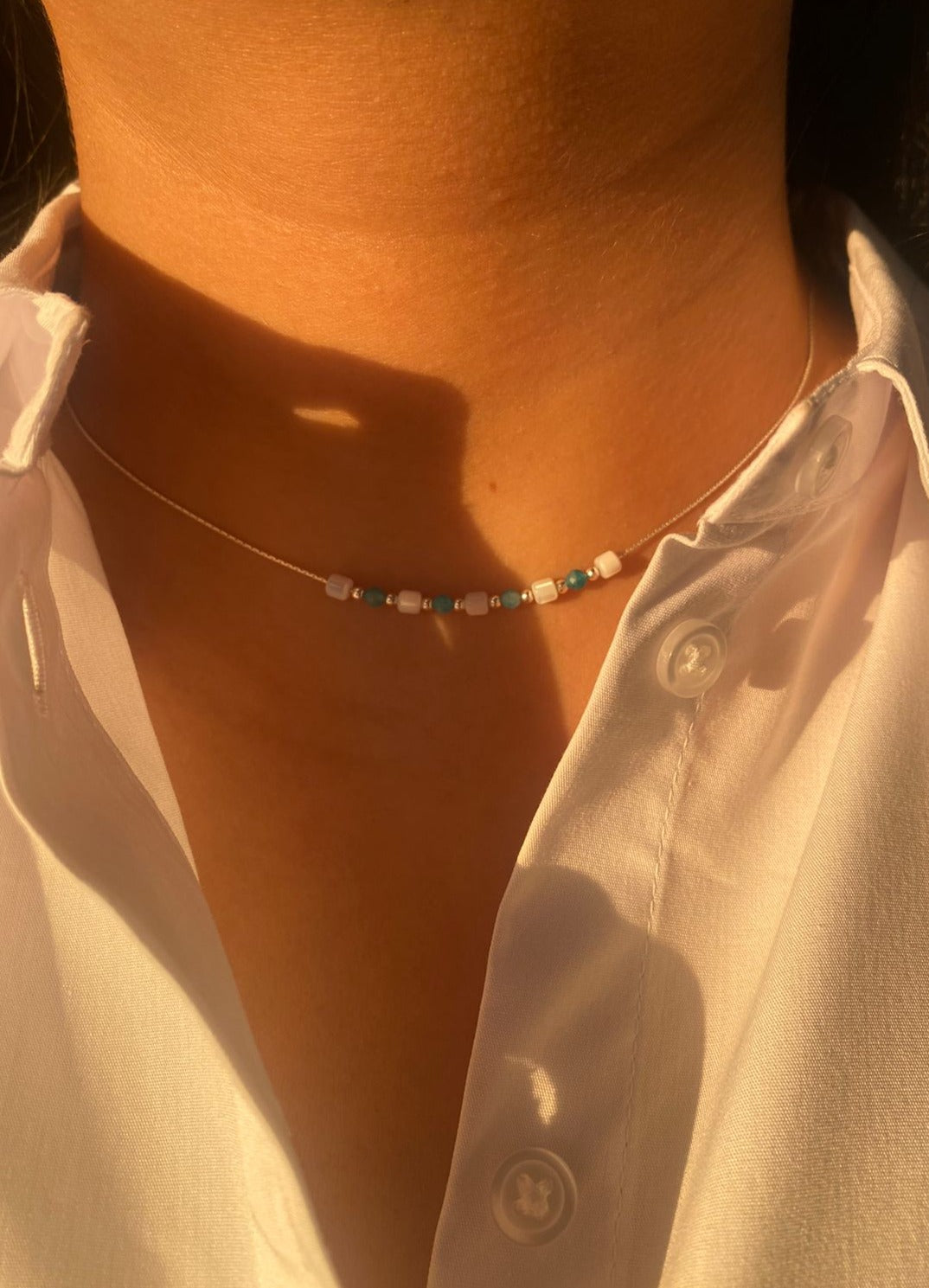 Mother of Pearl and Amazonite Necklace in 925 Sterling Silver