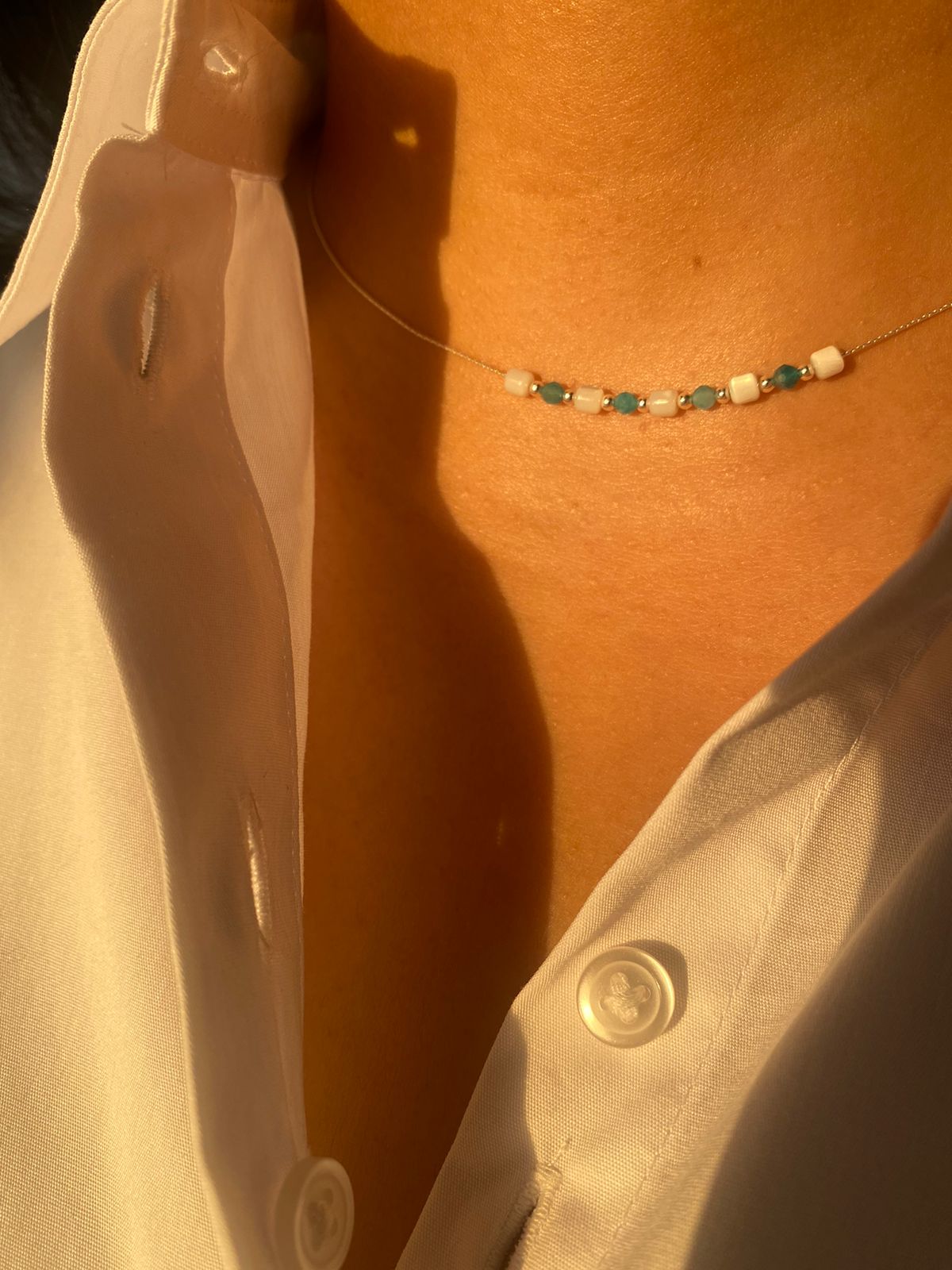 Mother of Pearl and Amazonite Necklace in 925 Sterling Silver