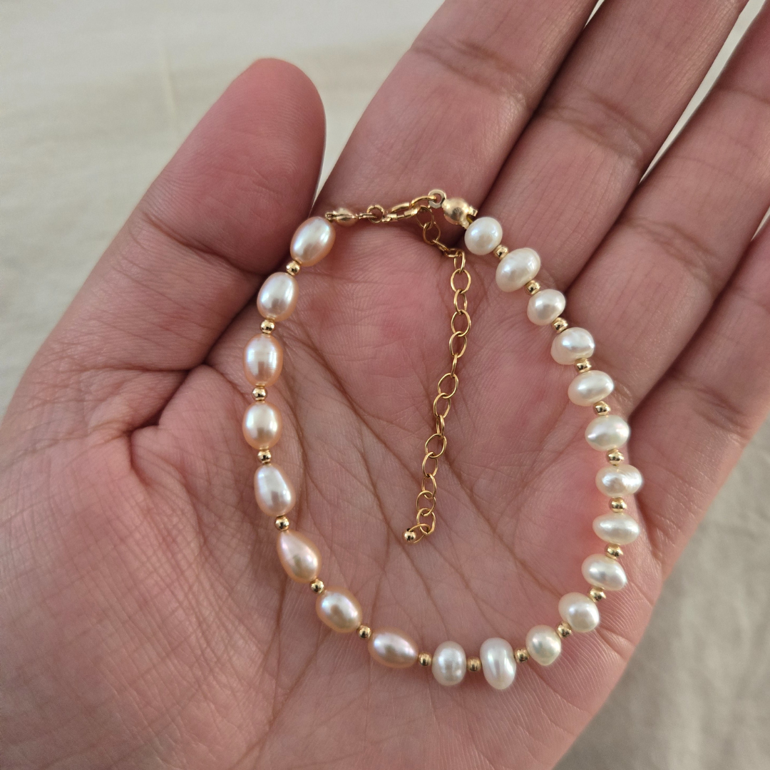 Pink and White Freshwater Pearl Bracelet in 14k Gold Filled Setting