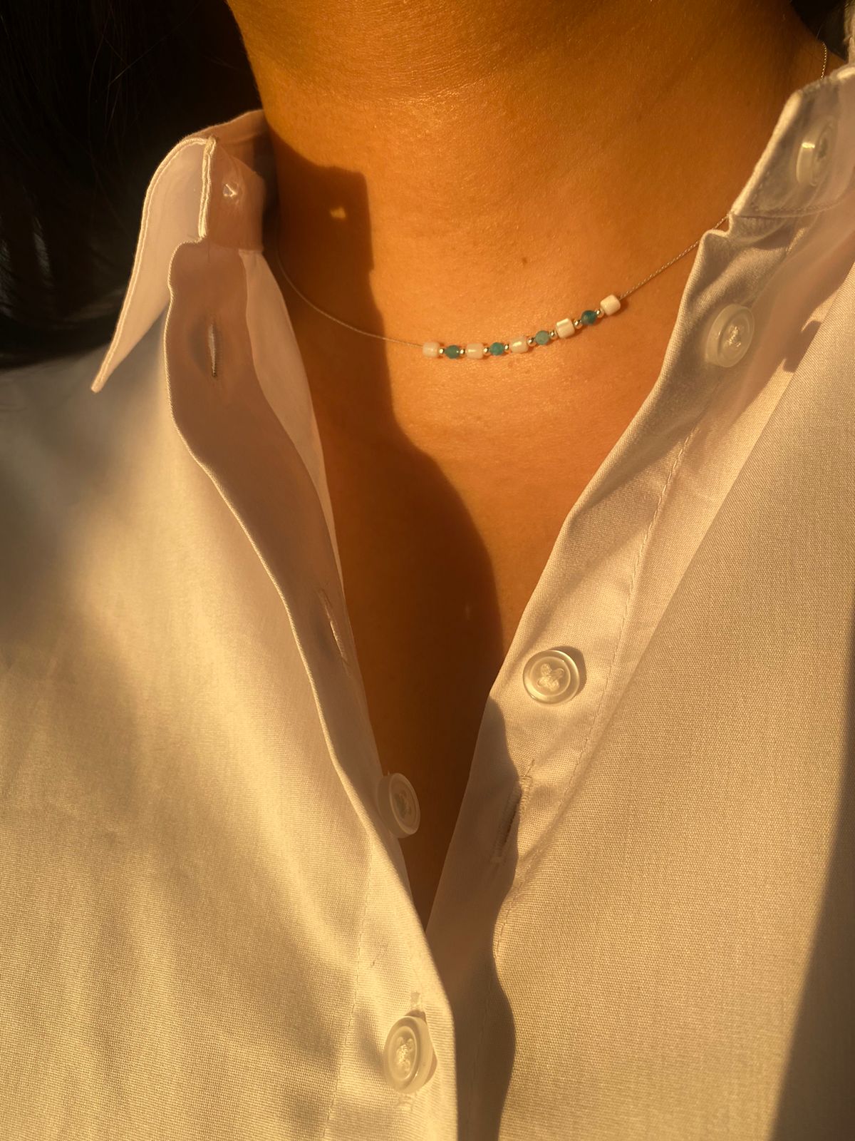 Mother of Pearl and Amazonite Necklace in 925 Sterling Silver