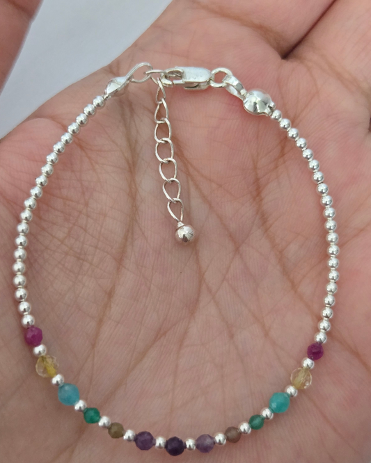 Beaded Seven Chakra Bracelet in 925 Sterling Silver.