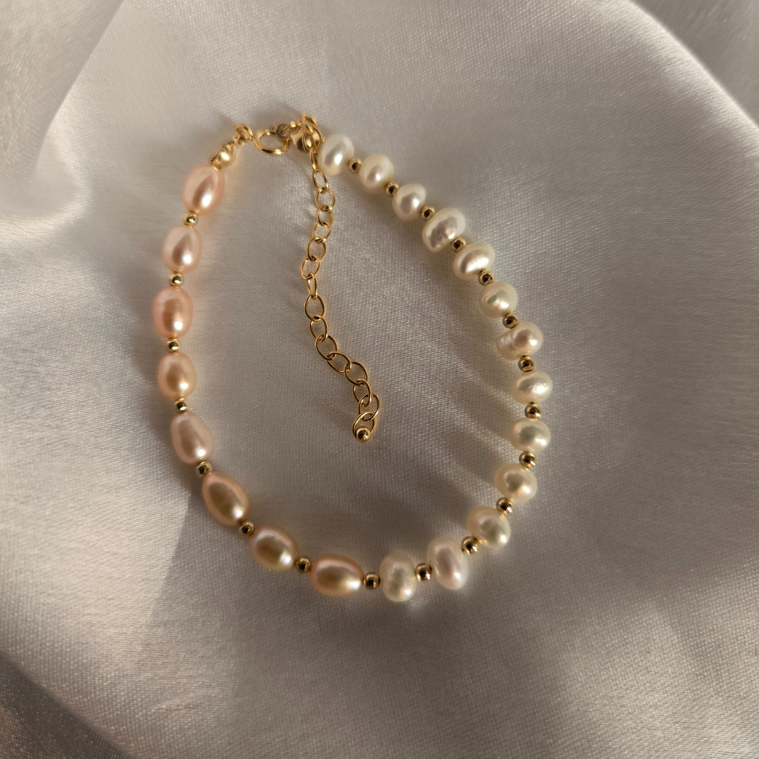 Pink and White Freshwater Pearl Bracelet in 14k Gold Filled Setting