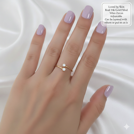 14k Gold Filled Double Zircon Adjustable Ring | Delicate Stacking Ring | Minimalist 14 Gold Filled Jewelry|Pre Order