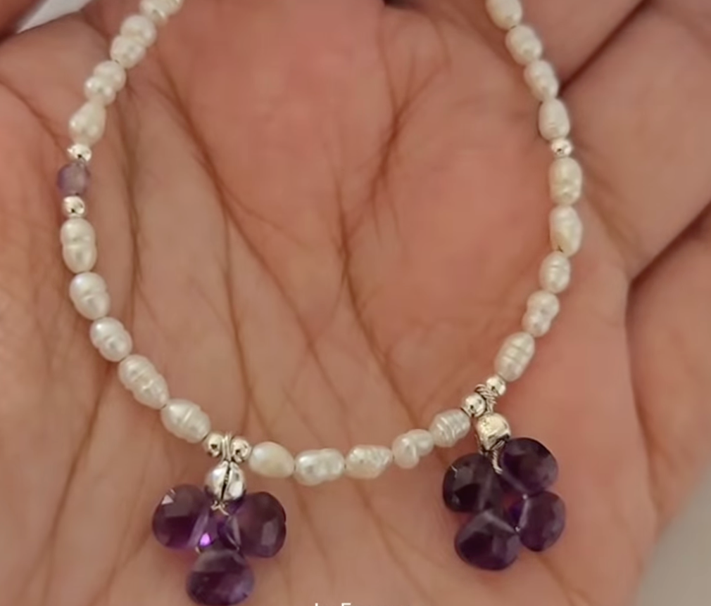 Amethyst and Rice Pearl Bracelet in 925 Sterling Silver with Clover Charms