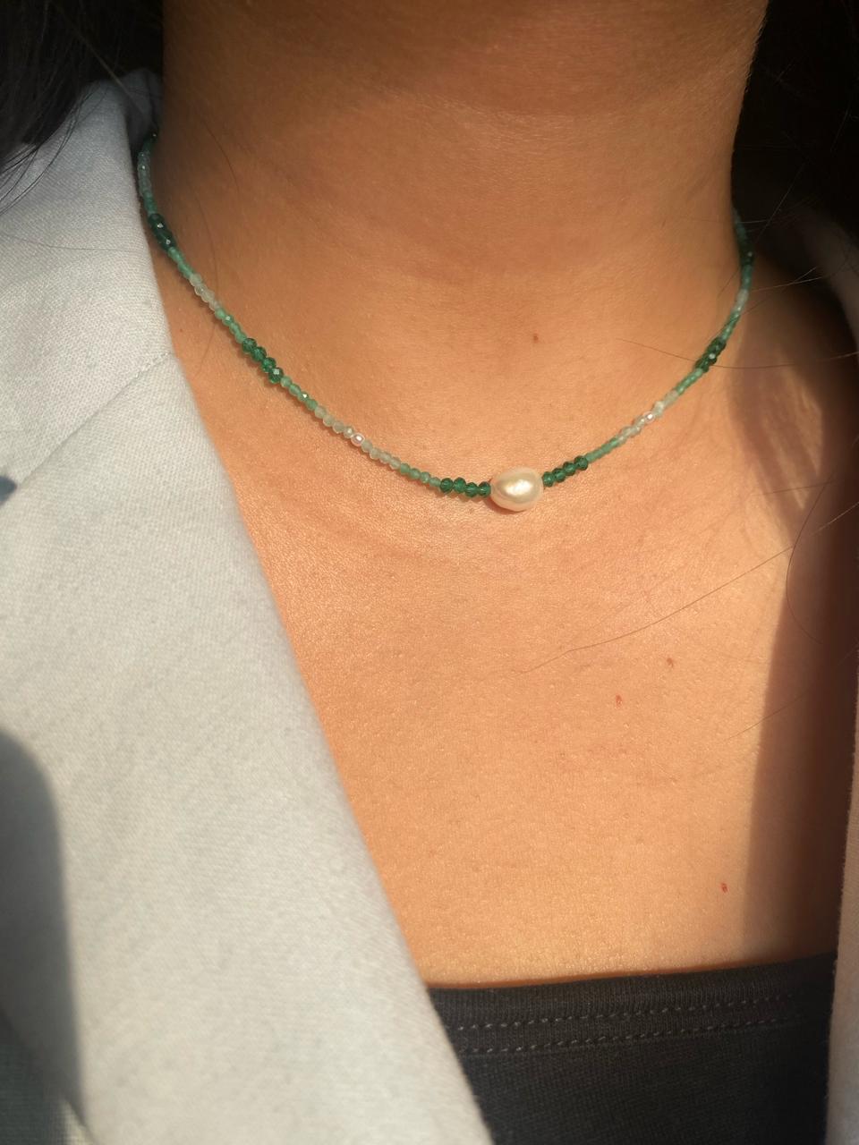 Jade and Amazonite Freshwater Pearl Necklace in 925 Sterling Silver