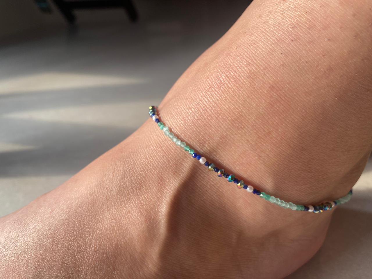 Jade and Lapis Lazuli with Freshwater Pearls Anklet in 925 Sterling Silver