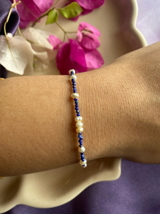 Lapis Lazuli and Freshwater Pearls Pearls Bracelet in 925 Sterling Silver
