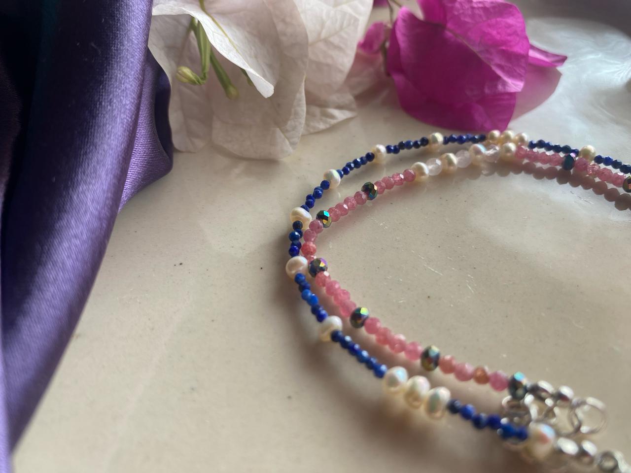 Lapis Lazuli and Freshwater Pearls Pearls Bracelet in 925 Sterling Silver