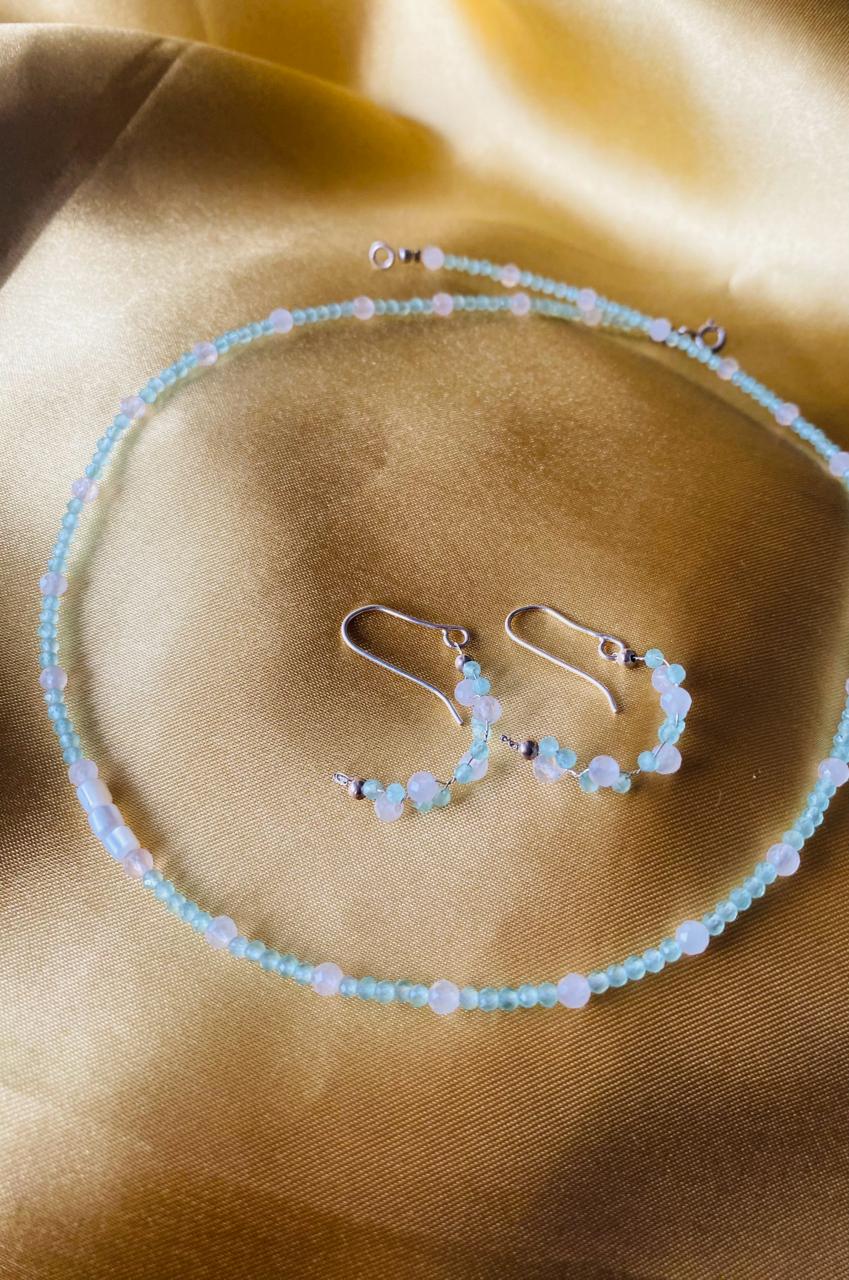 Rose Quartz and Amazonite with Mother of Pearl Necklace in 925 Sterling Silver