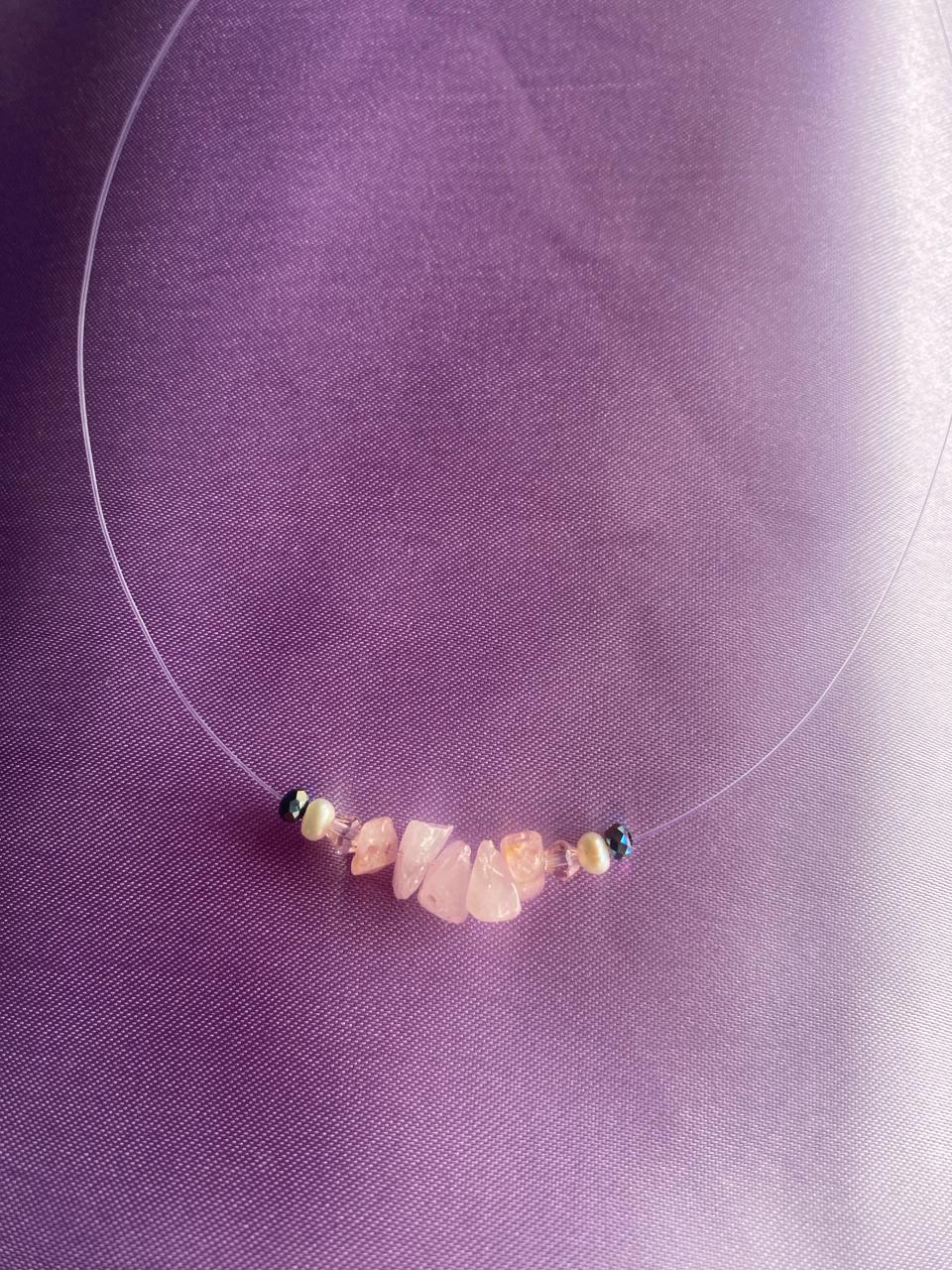 Rose Quartz and Freshwater Freshwater Pearl Floating Necklace in 925 Sterling Silver