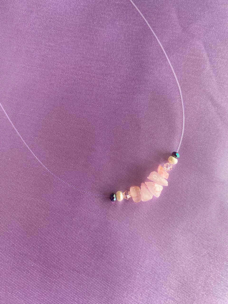 Rose Quartz and Freshwater Freshwater Pearl Floating Necklace in 925 Sterling Silver