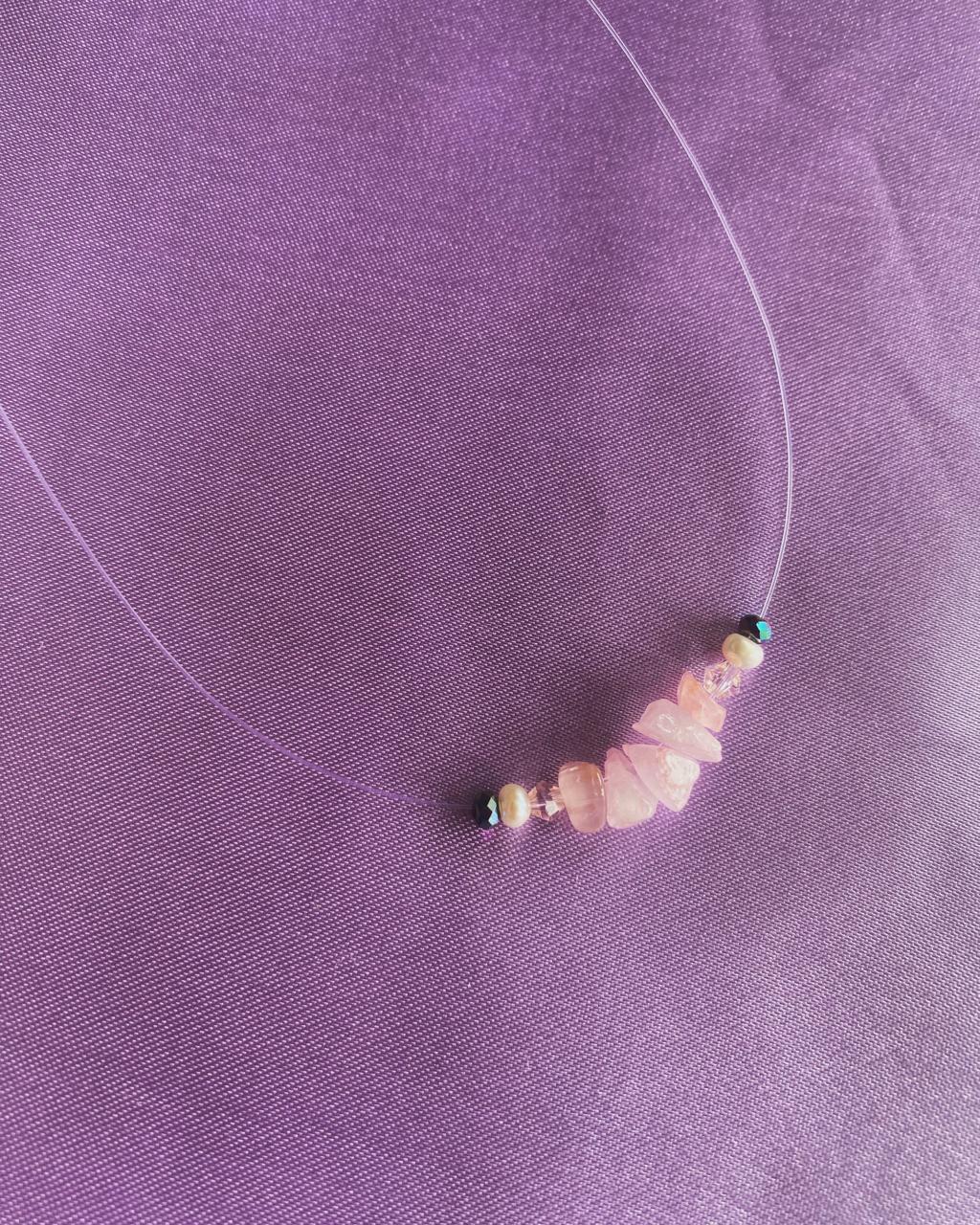 Rose Quartz and Freshwater Freshwater Pearl Floating Necklace in 925 Sterling Silver