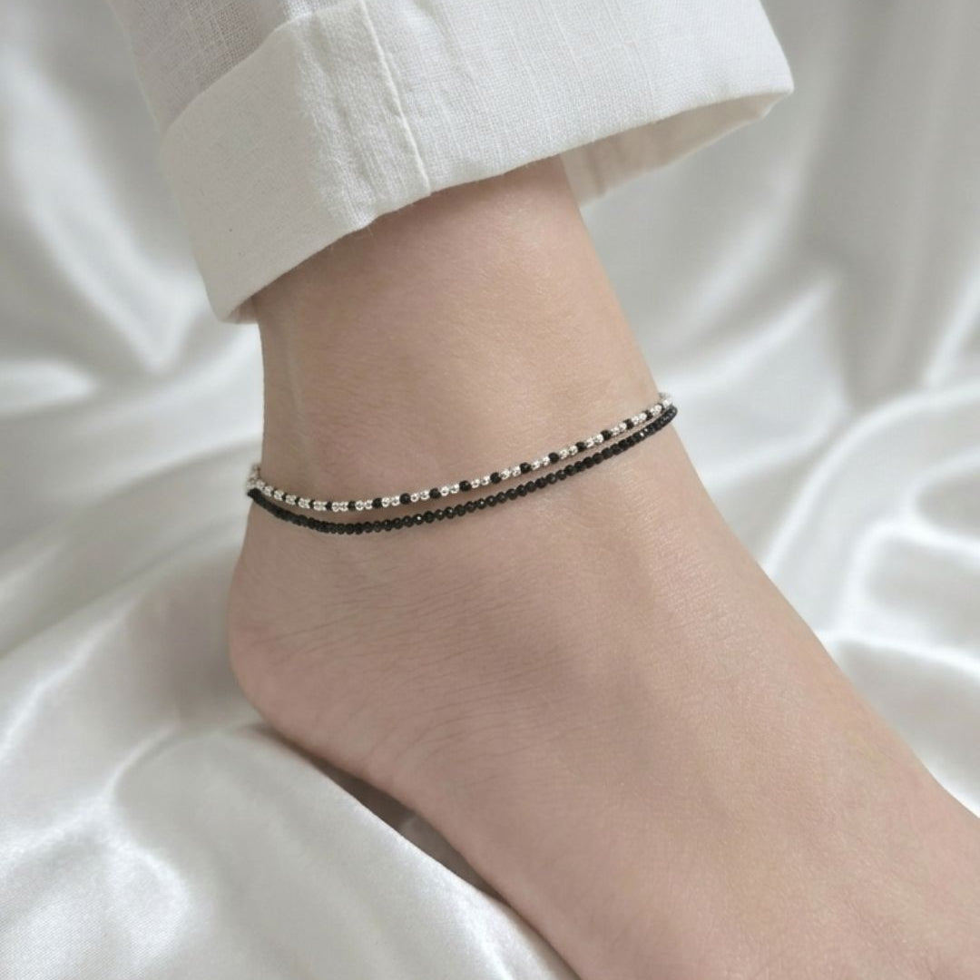 Black Onyx and Sterling Silver Anklet | Gemstone Jewellery | Healing | Ethnic | Sterling Silver
