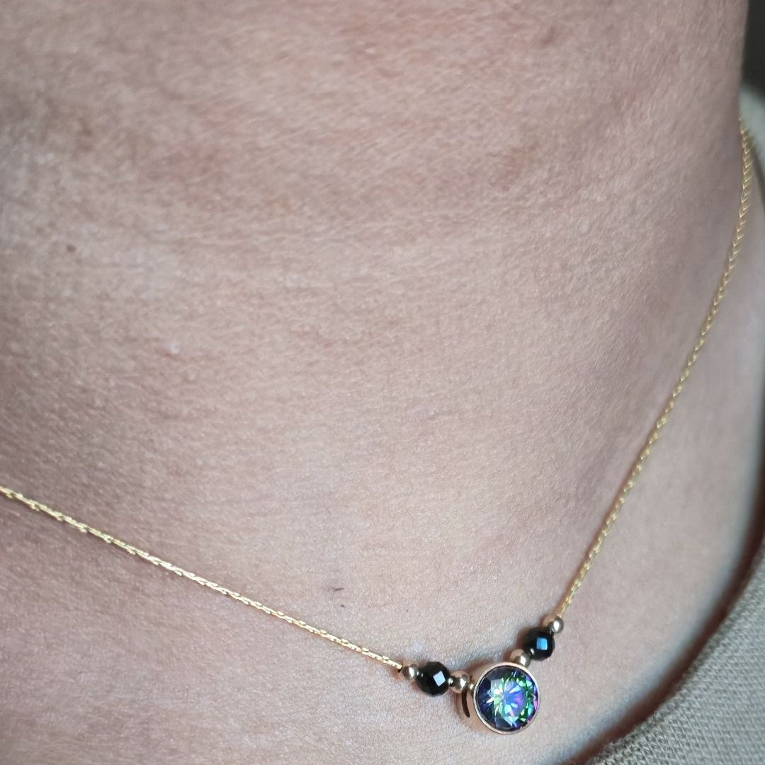 Necklace with a pendant worn on a person's neck