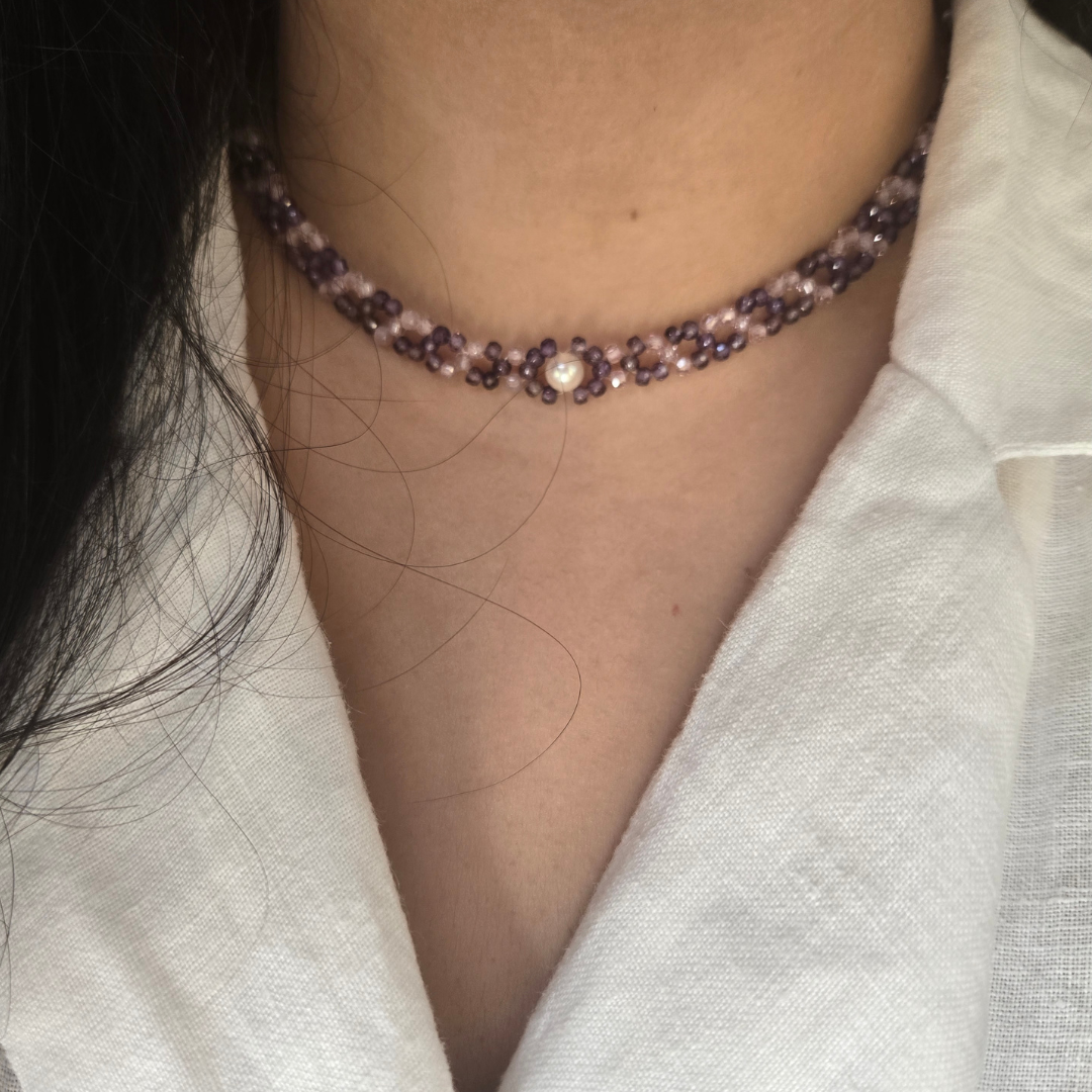 Lavender & Pink Zircon Necklace with Freshwater Pearl and Sterling Silver | Minimal Festive Necklace for Women.