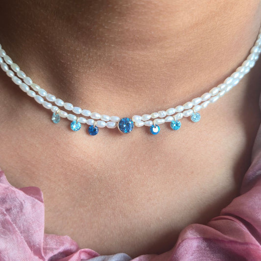 14k Gold Filled Blue Zircon Rice Freshwater Pearl Double Layered Necklace | CHANDRATAAL