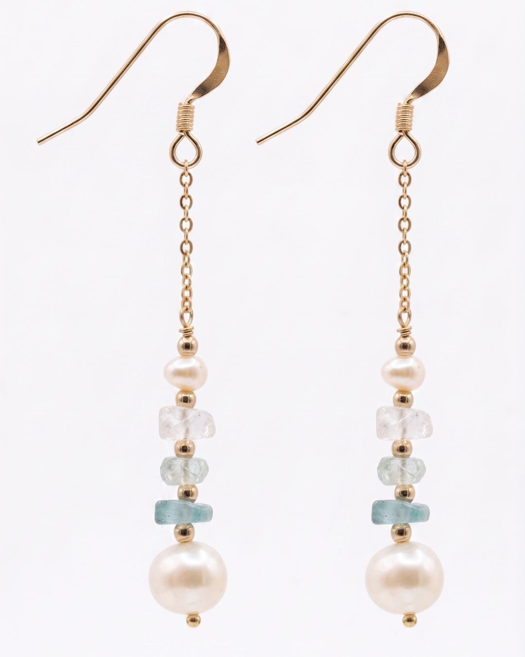 14k Gold Filled Pearl Aquamarine Moonstone Dangler Earrings