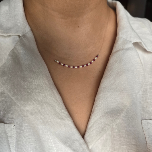Natural Ruby and Rice Pearl Floating Necklace in 925 Sterling Silver