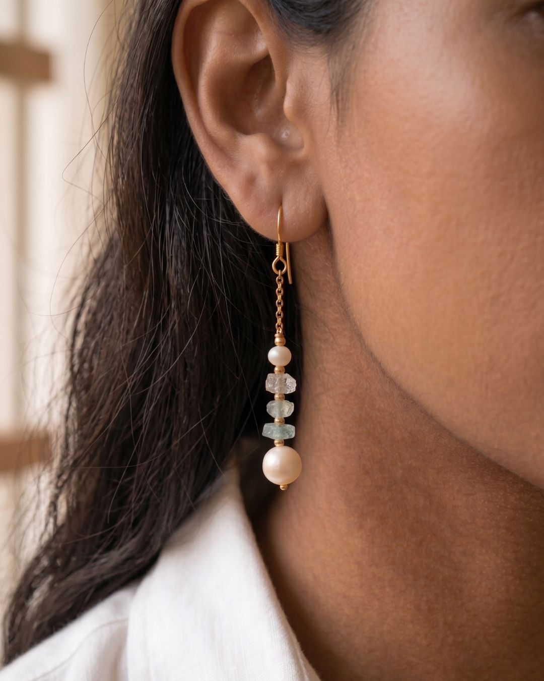 14k Gold Filled Pearl Aquamarine Moonstone Dangler Earrings
