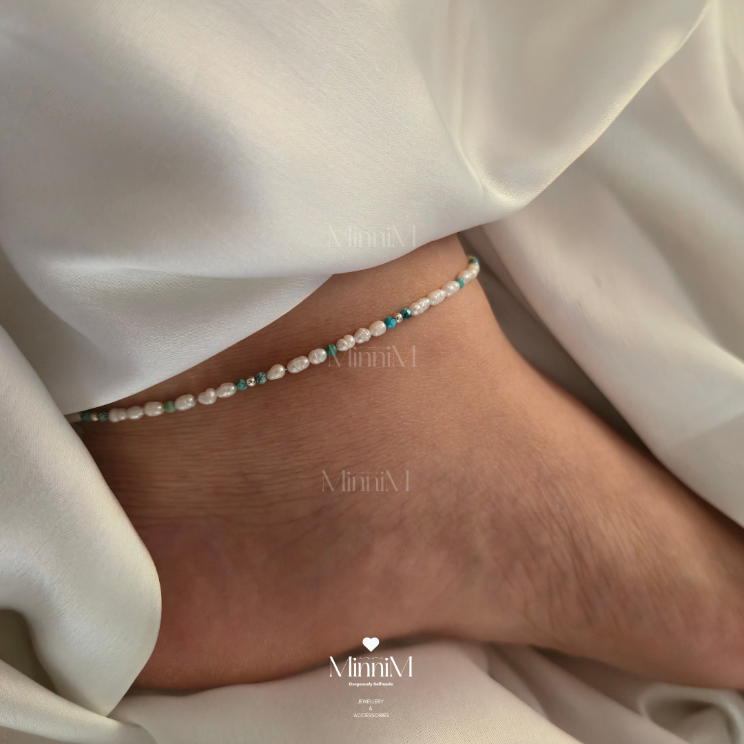 Turquoise and Freshwater Pearl Anklet in 925 Sterling Silver