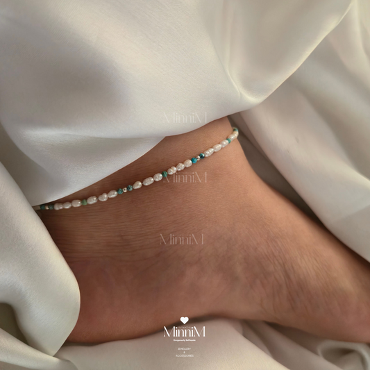 Turquoise and Freshwater Pearl Anklet in 925 Sterling Silver