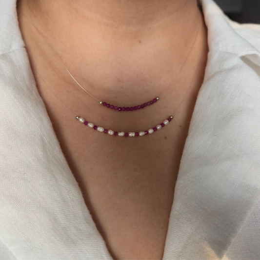 Natural Ruby and Rice Pearl Double Layered Floating Necklace in 925 Sterling Silver