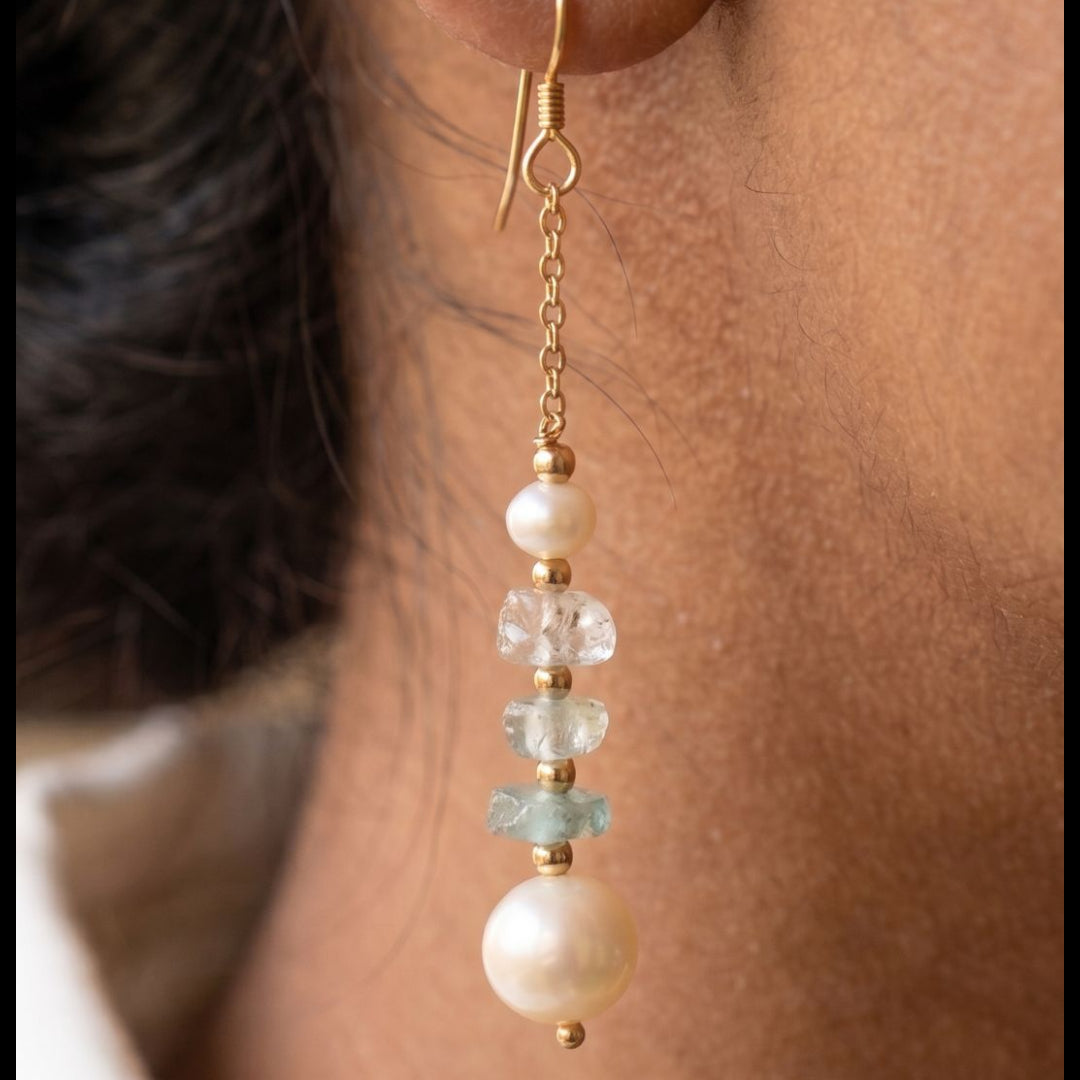 Close-up of a pearl and gemstone earring on an ear, with a blurred background.